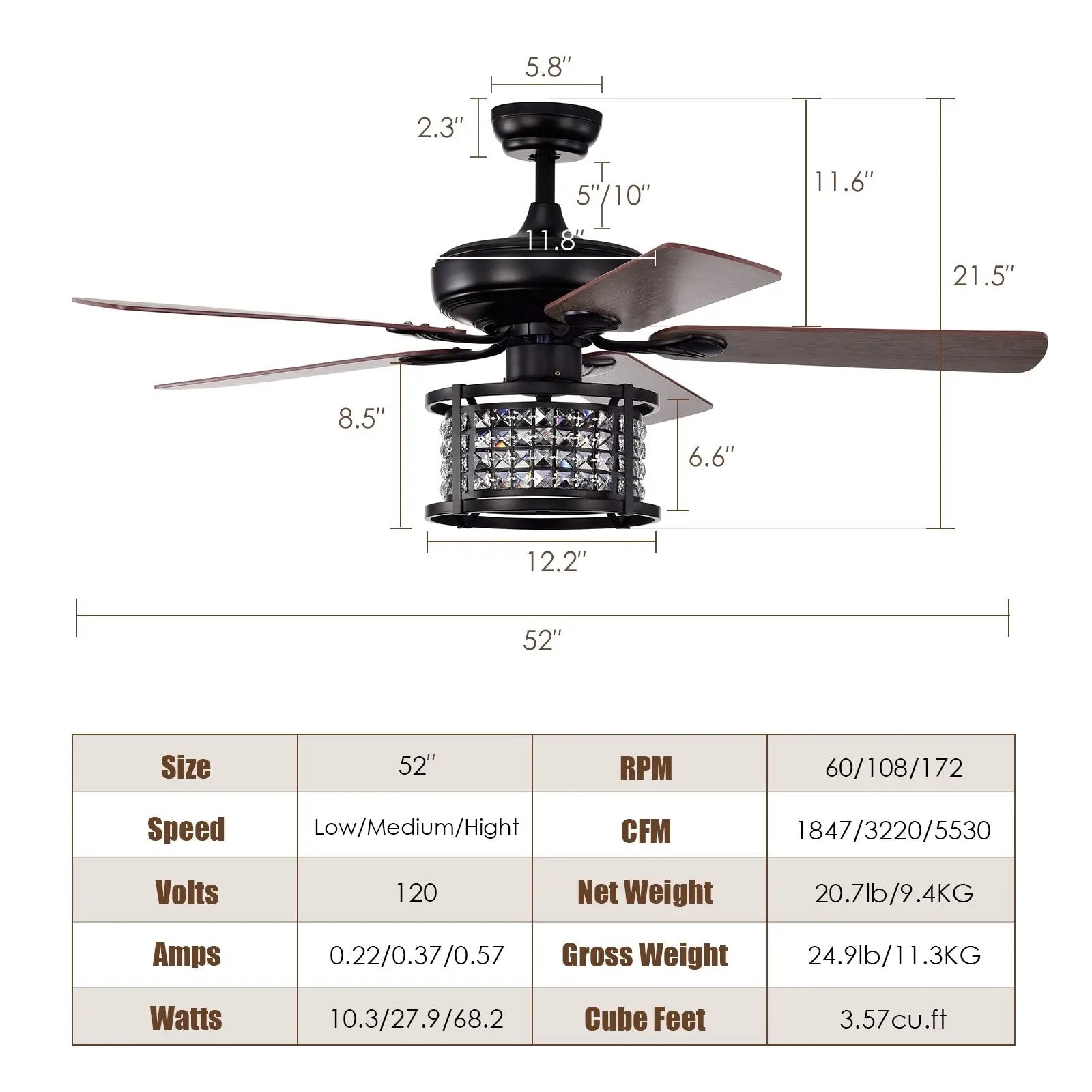 52 Inch 3-Speed Crystal Ceiling Fan Light with Remote Control-Black by DirectDeals