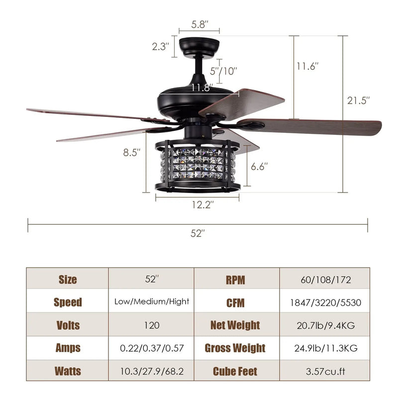 52 Inch 3-Speed Crystal Ceiling Fan Light with Remote Control-Black by DirectDeals