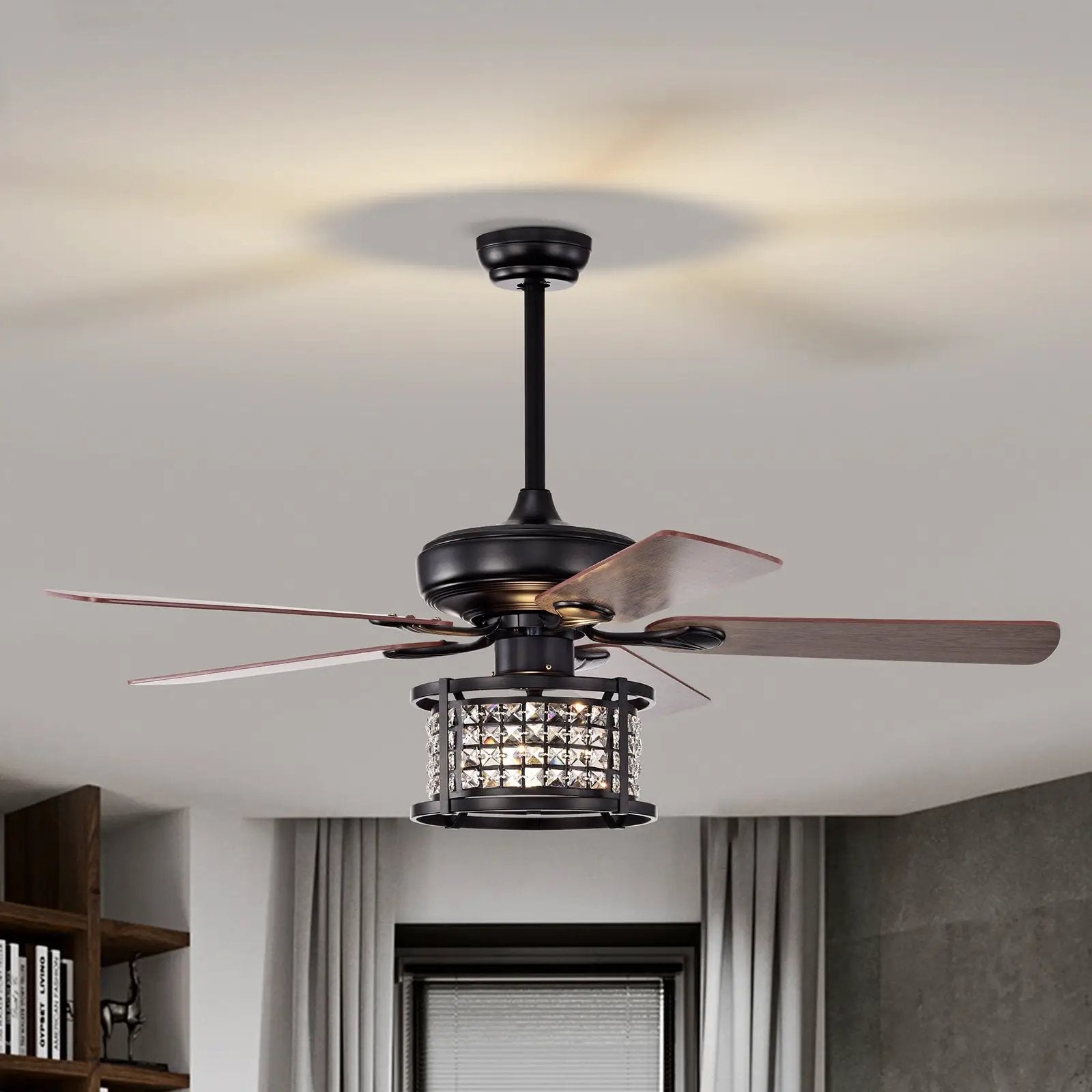 52 Inch 3-Speed Crystal Ceiling Fan Light with Remote Control-Black by DirectDeals