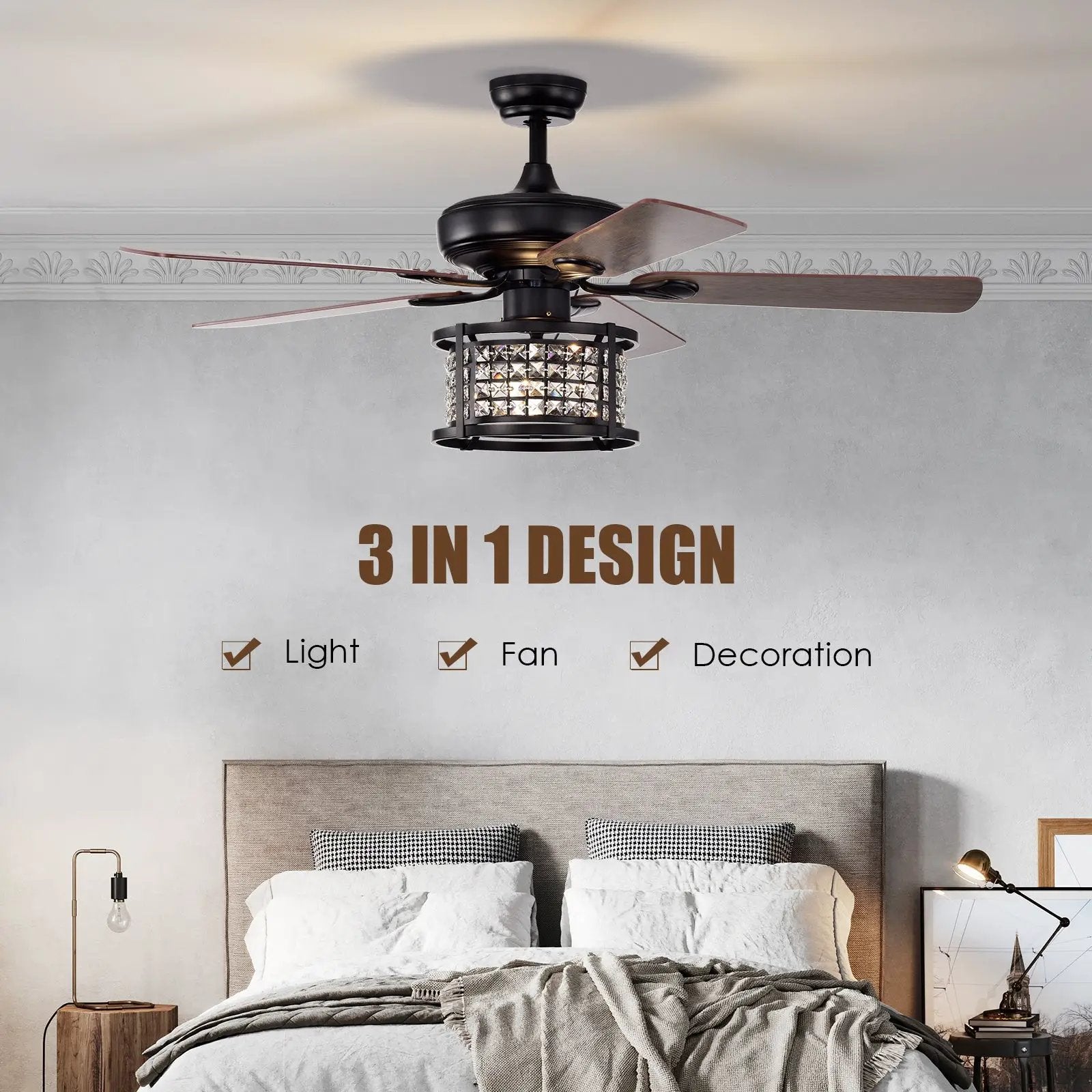52 Inch 3-Speed Crystal Ceiling Fan Light with Remote Control-Black by DirectDeals