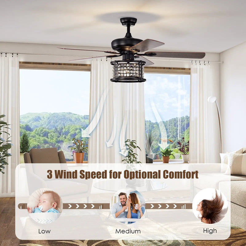 52 Inch 3-Speed Crystal Ceiling Fan Light with Remote Control-Black by DirectDeals