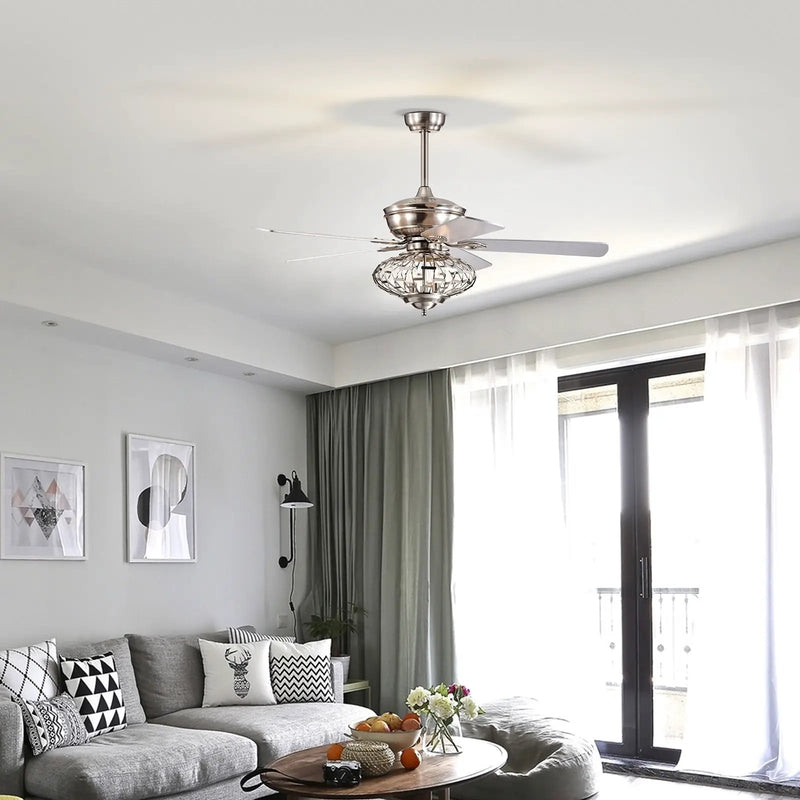 52 Inches Ceiling Fan with Wooden Blades and Remote Control-Silver by DirectDeals