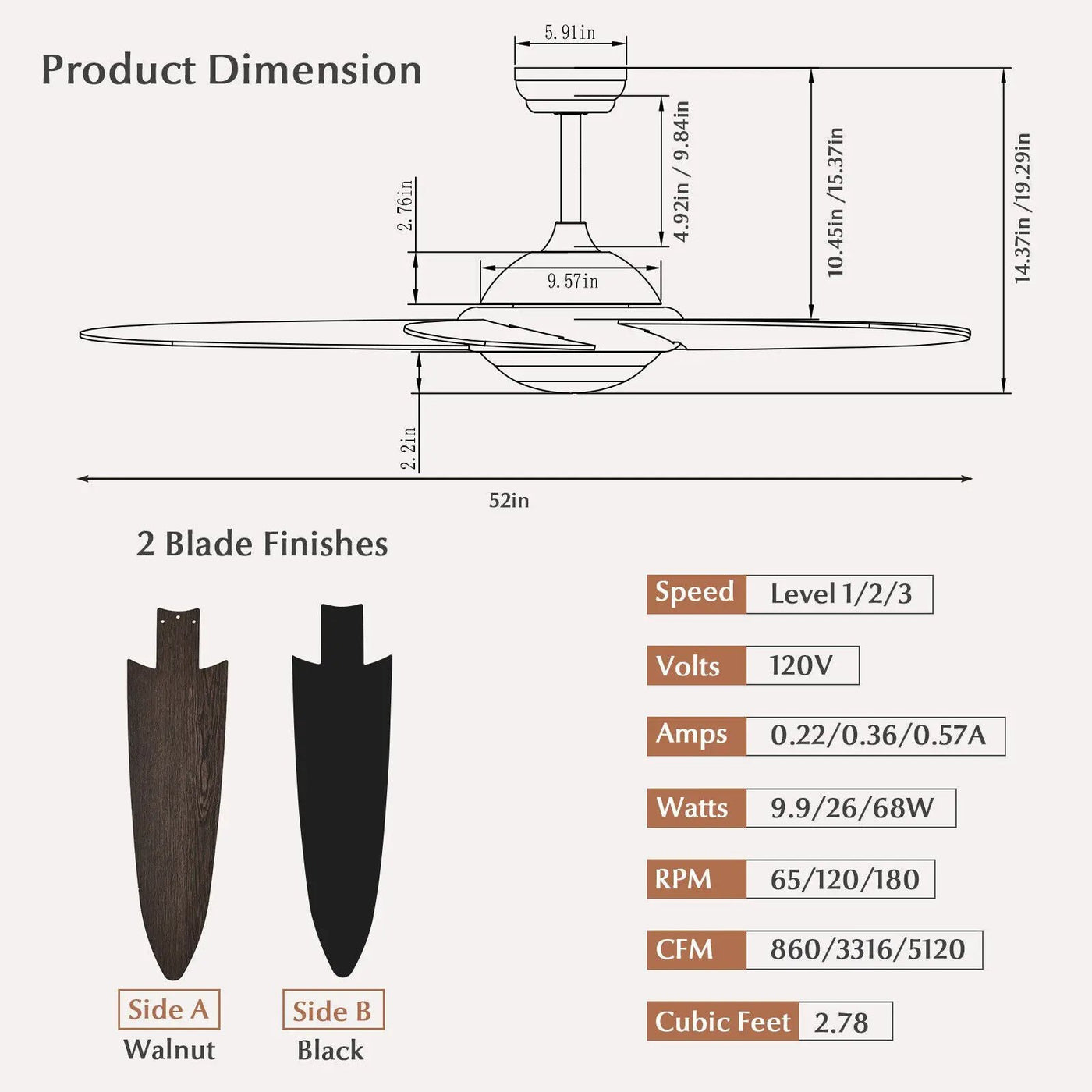52 Inch Ceiling Fan with Lights and 3 Lighting Colors by DirectDeals