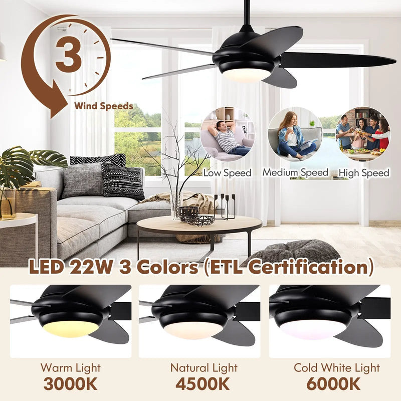 52 Inch Ceiling Fan with Lights and 3 Lighting Colors by DirectDeals