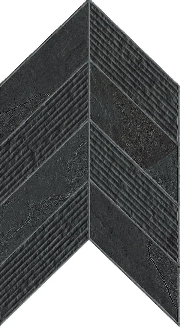 Essence Montauk Black Mosaic Chevron 3d Slate Look Porcelain Tiles 7.44x10