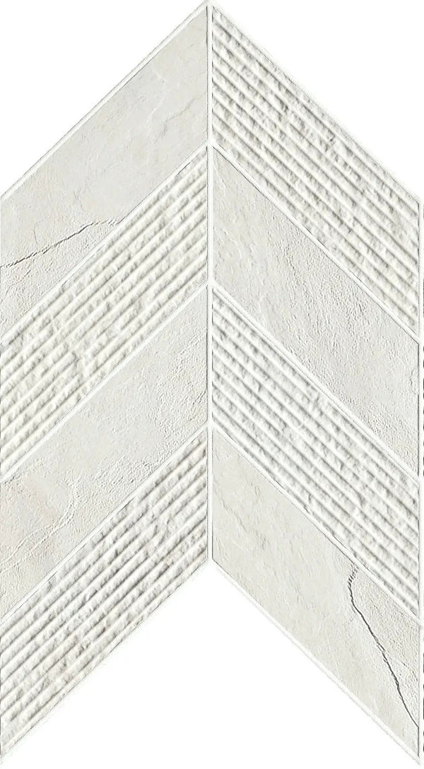 Essence Montauk White Mosaic Chevron 3d Slate Look Porcelain Tiles 7.44x10