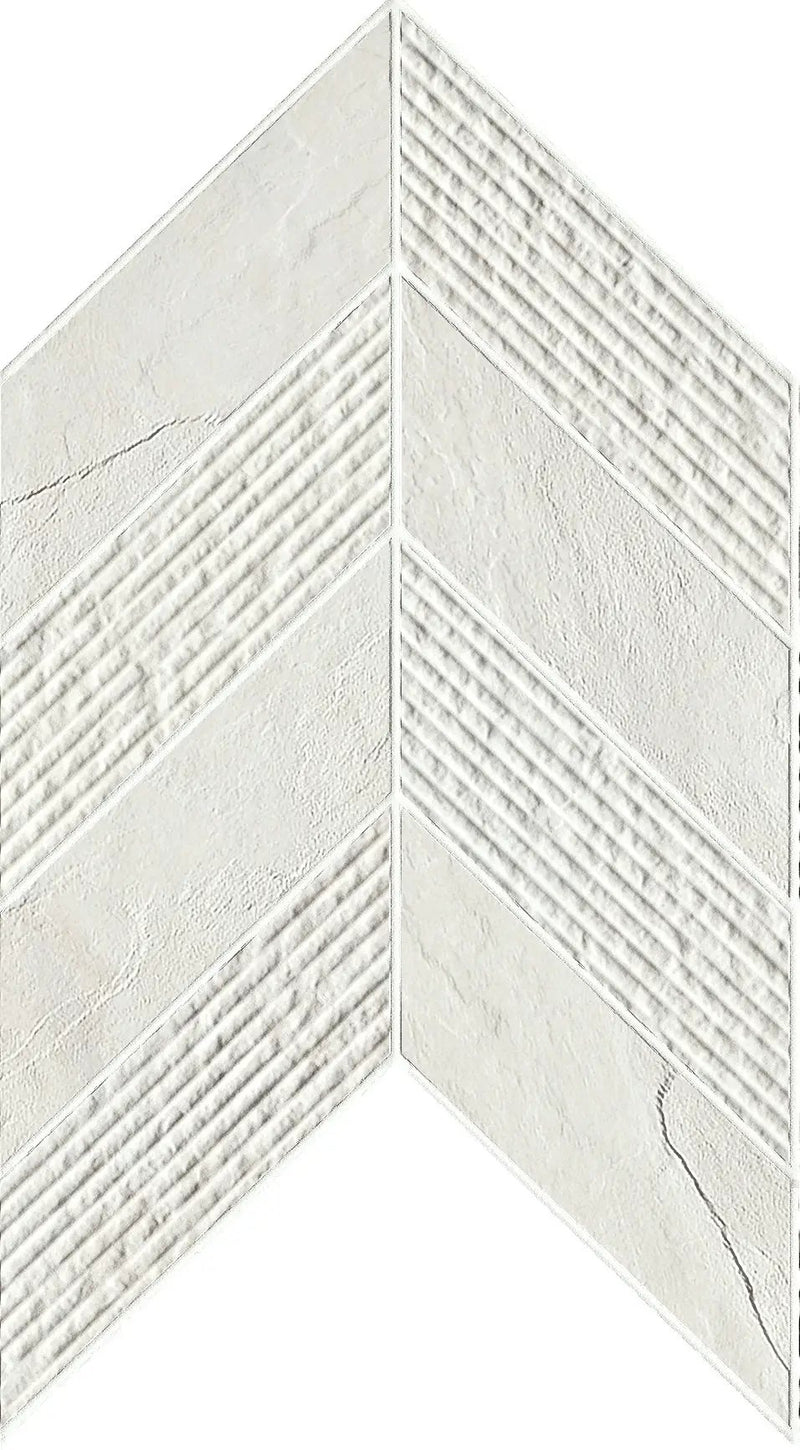 Essence Montauk White Mosaic Chevron 3d Slate Look Porcelain Tiles 7.44x10 by landmarkceramics