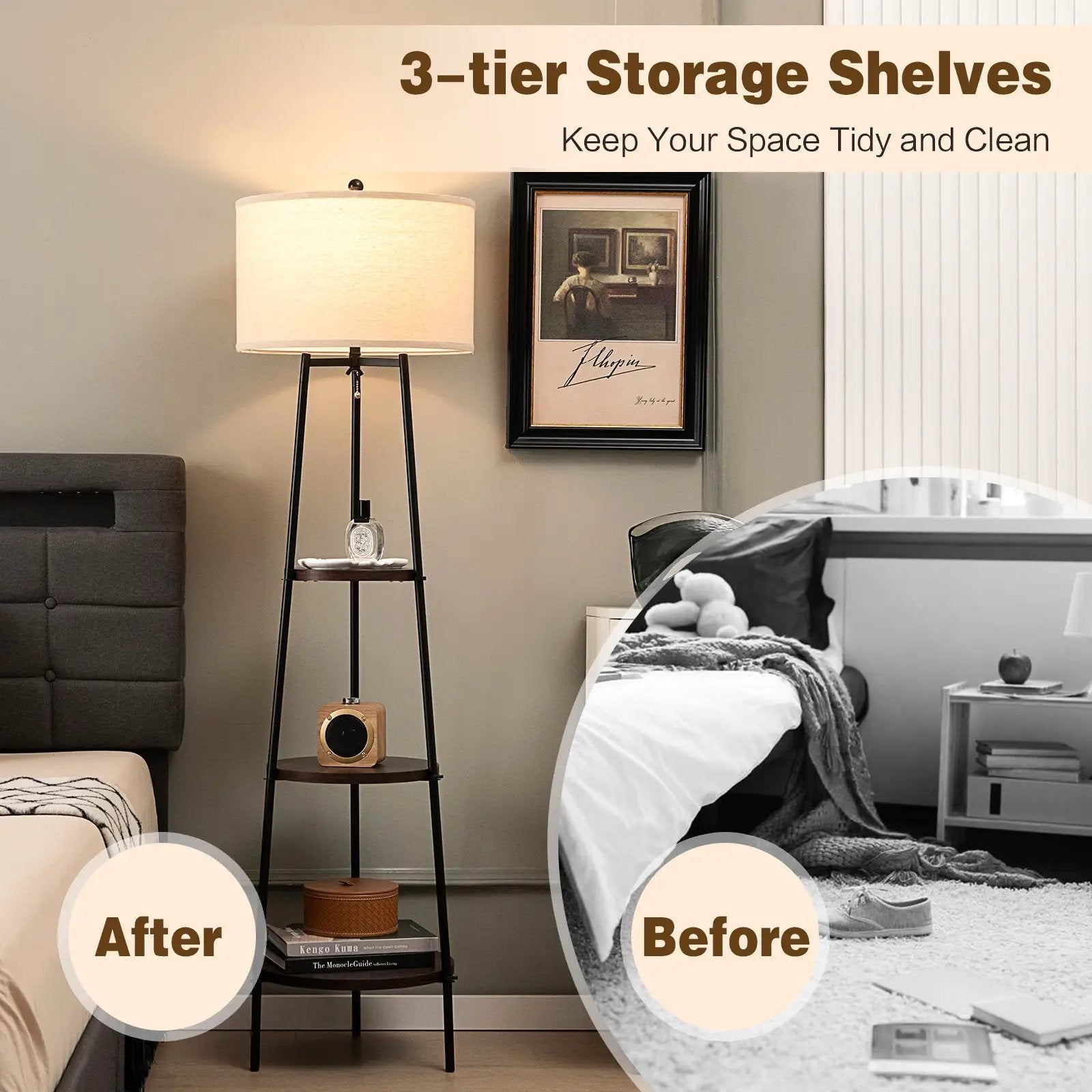 Shelf Floor Lamp with Storage Shelves and Linen Lampshade by DirectDeals
