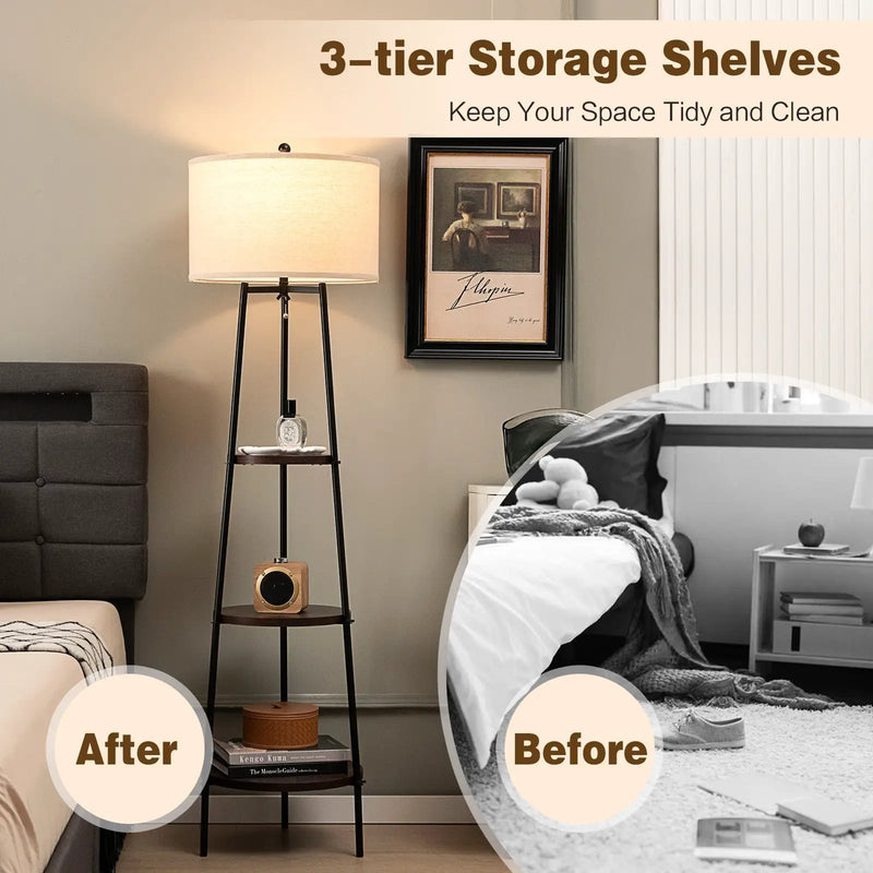 Shelf Floor Lamp with Storage Shelves and Linen Lampshade by DirectDeals