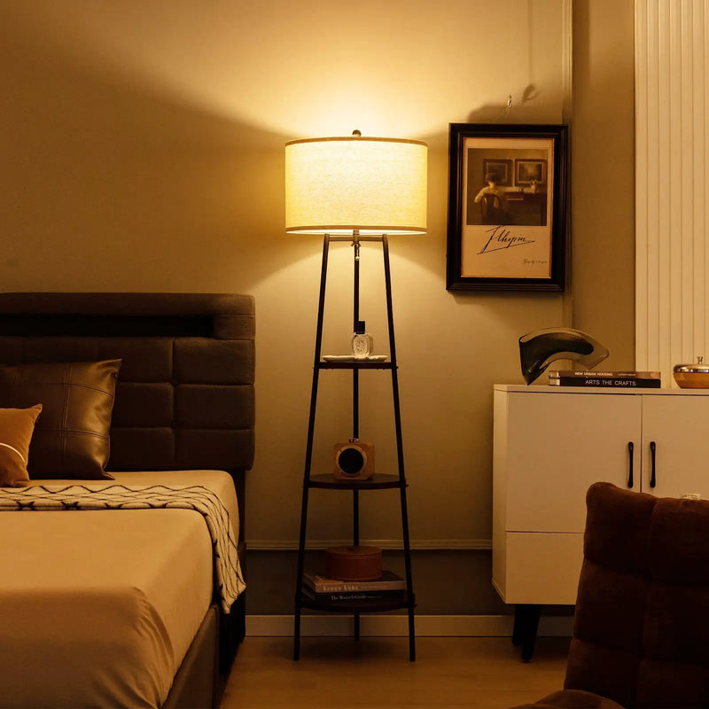 Shelf Floor Lamp with Storage Shelves and Linen Lampshade by DirectDeals