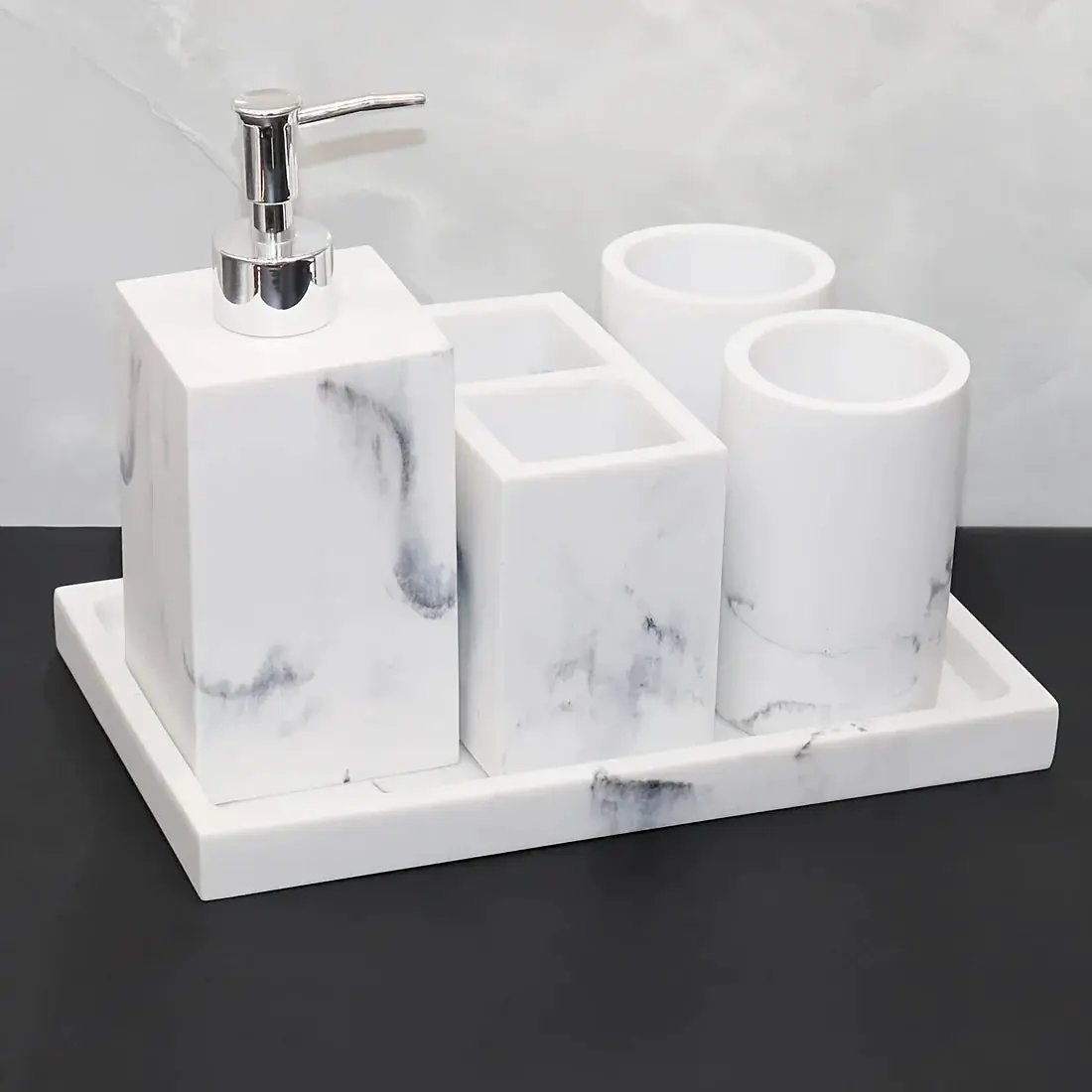 European Style 5-Piece Bathroom Accessory Set with Faux Marble Design - Includes Soap Dispenser, Toothbrush Holder, Tumbler, Soap Dish, and Tray - Elegant Vanity Countertop Ensemble for Home or Hotel Decor by House Of Avana