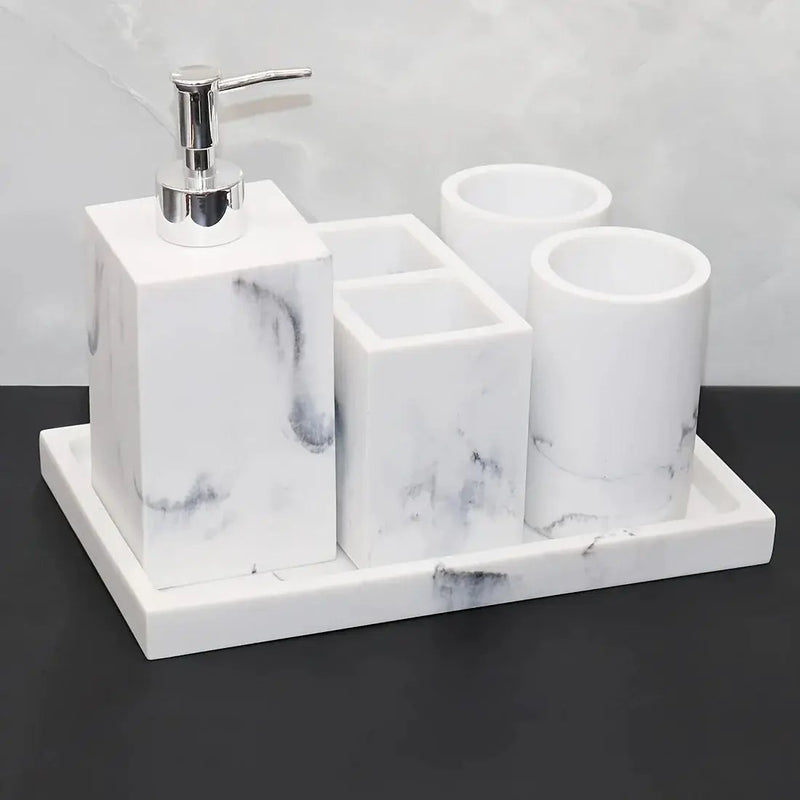 European Style 5-Piece Bathroom Accessory Set with Faux Marble Design - Includes Soap Dispenser, Toothbrush Holder, Tumbler, Soap Dish, and Tray - Elegant Vanity Countertop Ensemble for Home or Hotel Decor by House Of Avana