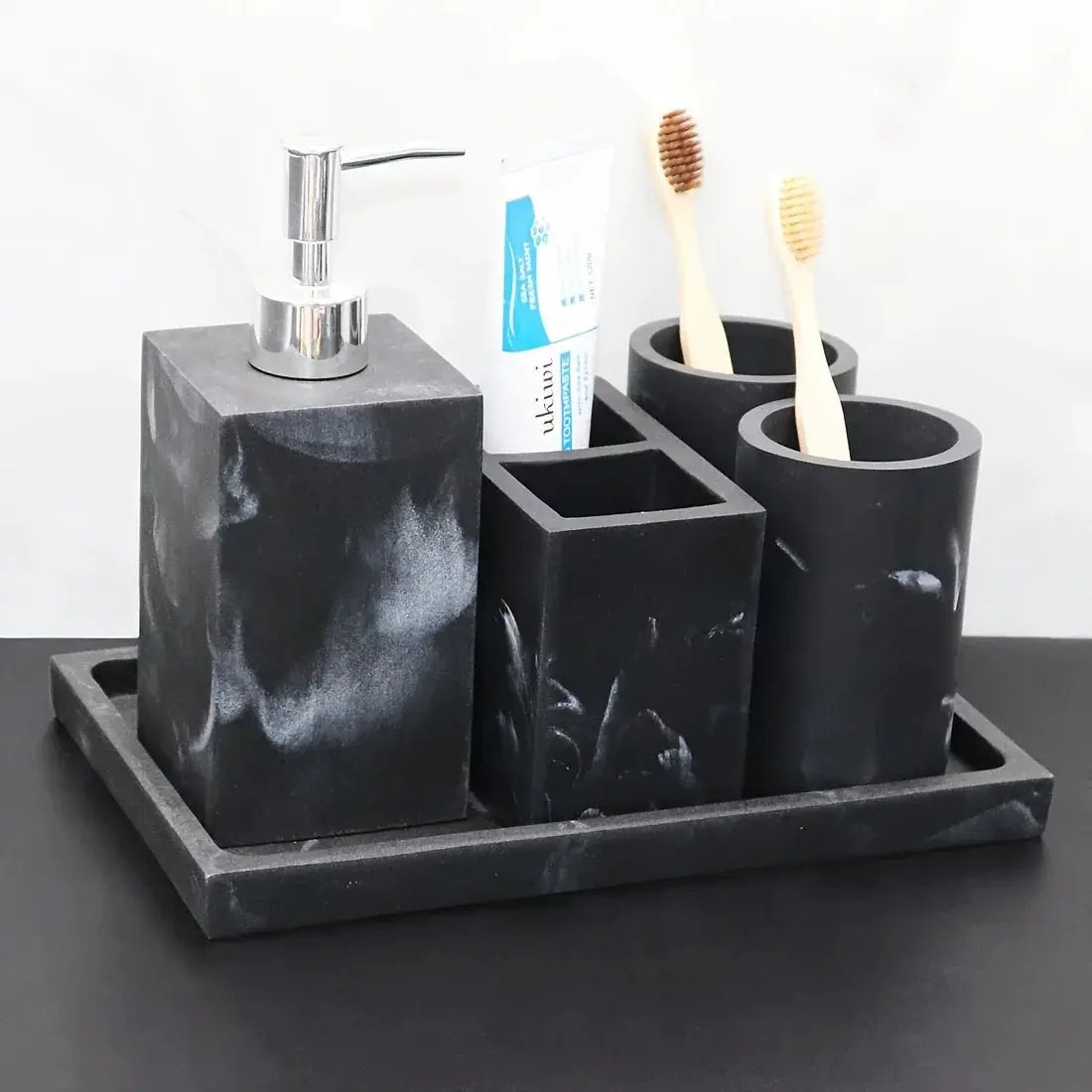 European Style 5-Piece Bathroom Accessory Set with Faux Marble Design - Includes Soap Dispenser, Toothbrush Holder, Tumbler, Soap Dish, and Tray - Elegant Vanity Countertop Ensemble for Home or Hotel Decor by House Of Avana
