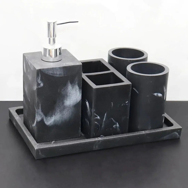 European Style 5-Piece Bathroom Accessory Set with Faux Marble Design - Includes Soap Dispenser, Toothbrush Holder, Tumbler, Soap Dish, and Tray - Elegant Vanity Countertop Ensemble for Home or Hotel Decor by House Of Avana