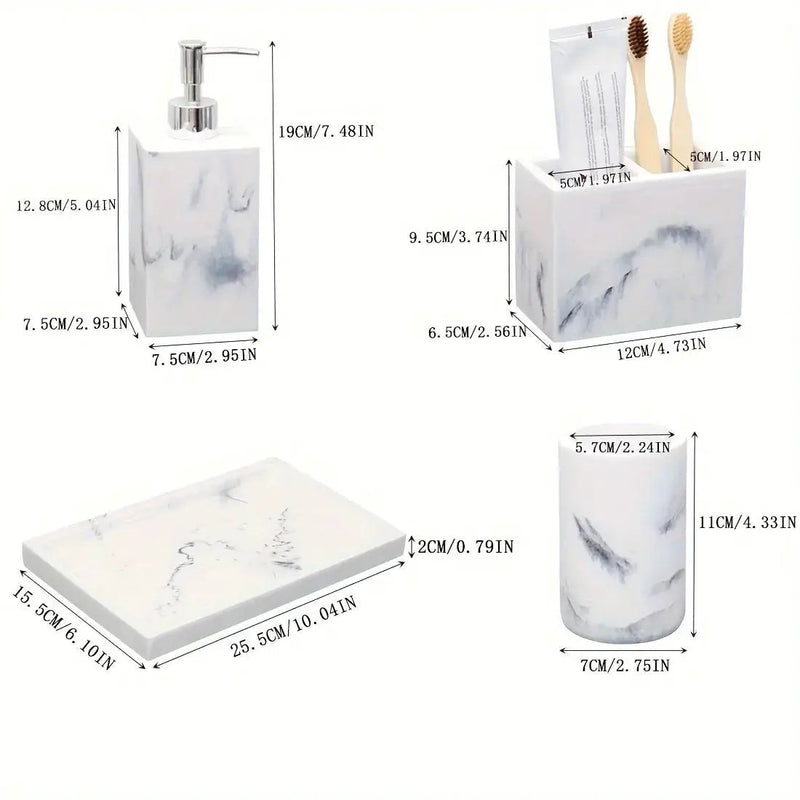 European Style 5-Piece Bathroom Accessory Set with Faux Marble Design - Includes Soap Dispenser, Toothbrush Holder, Tumbler, Soap Dish, and Tray - Elegant Vanity Countertop Ensemble for Home or Hotel Decor by House Of Avana