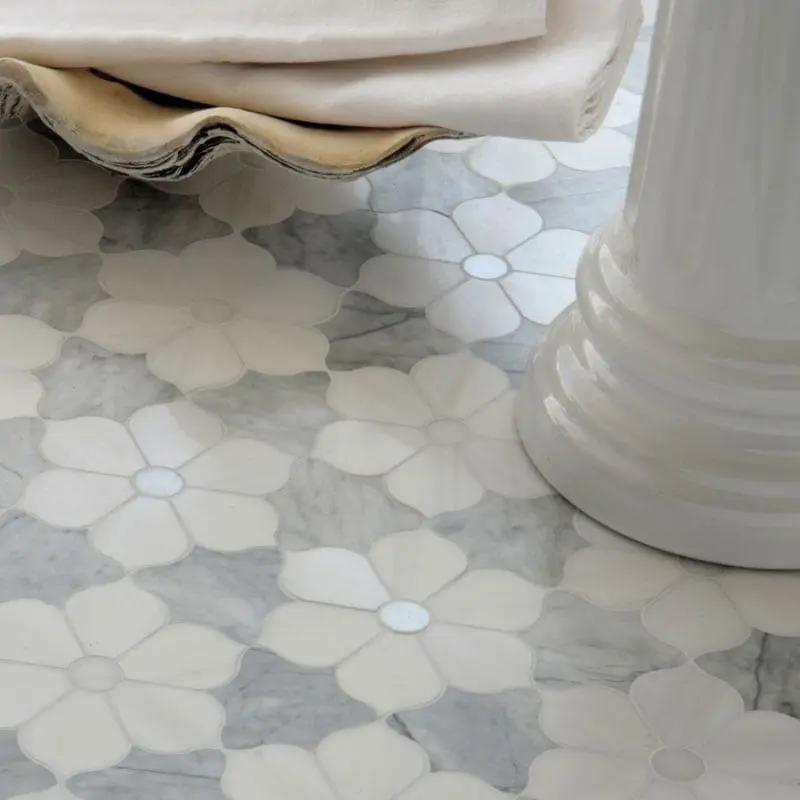 European White, Carrara T, Dolomite Multi Finish Theodora Marble Mosaics 12 1/8x14 room scene