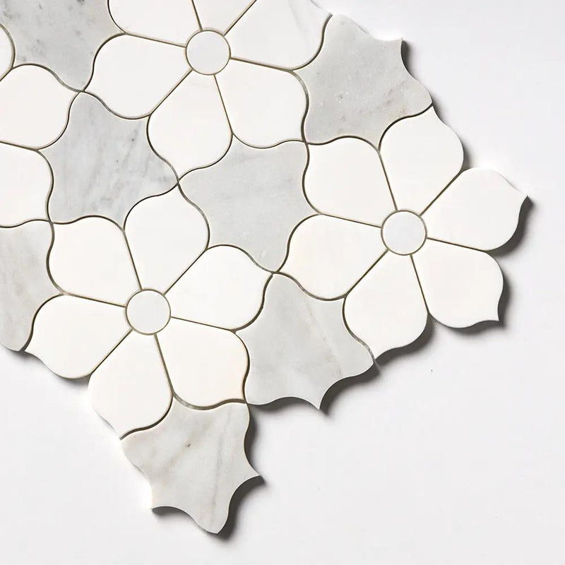 European White, Carrara T, Dolomite Multi Finish Theodora Marble Mosaics 12 1/8x14 closeup 3