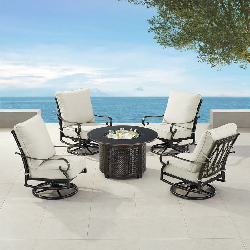Black Aluminum Fire Table Set with Four Club Chairs by Sharicks