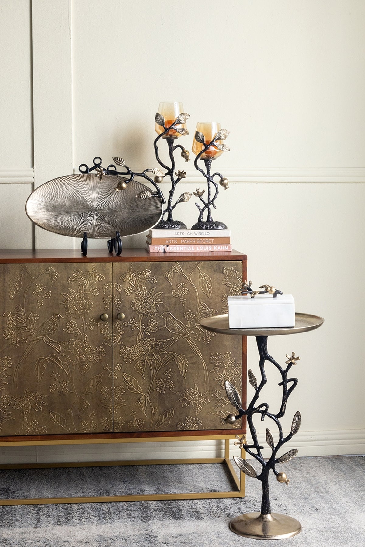 Black and Gold Aluminum Side Table with Pomegranate Design, photo 2 of 6