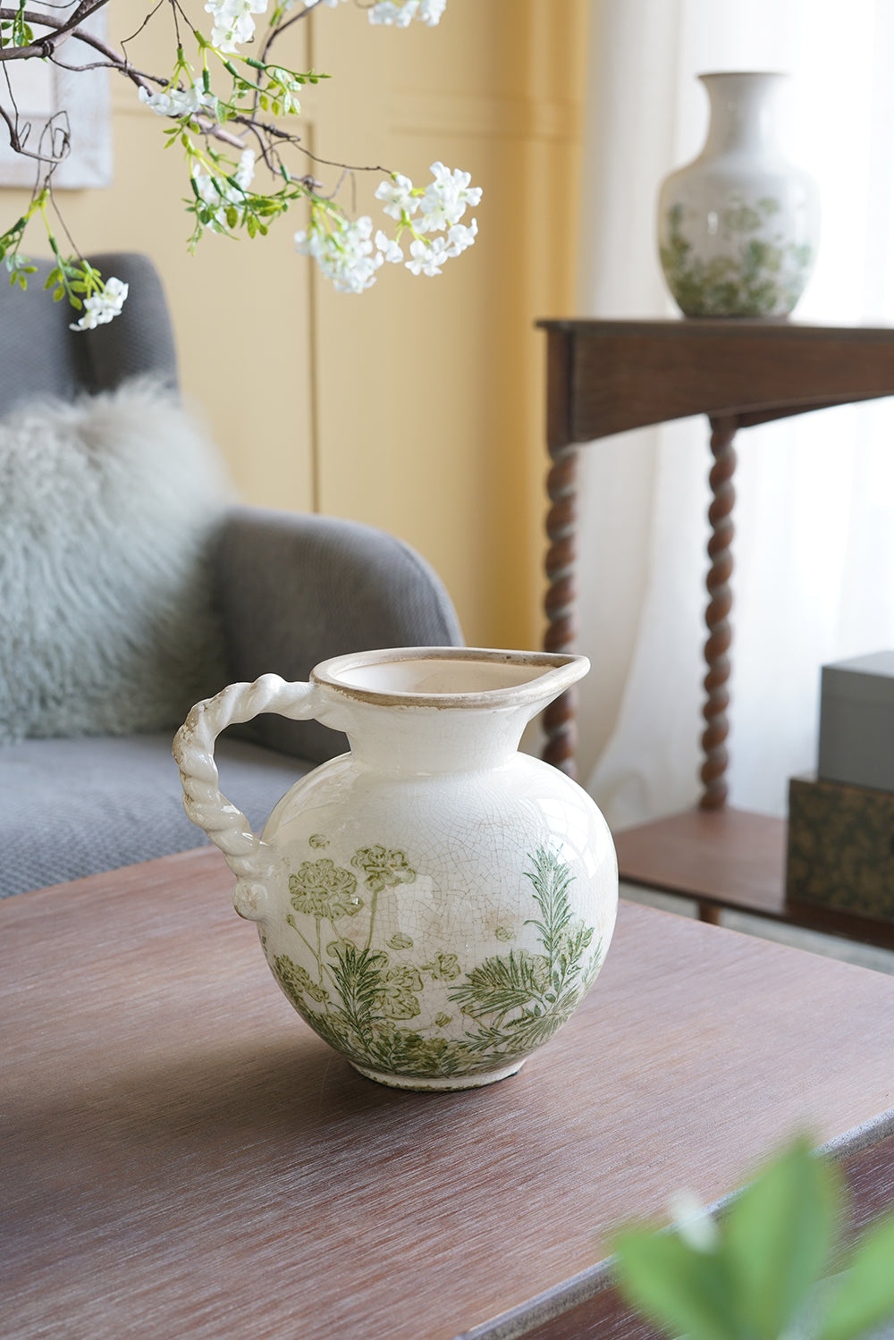 Ceramic Pitcher Vase, 7.5-Inch, White with Green Botanical Motifs