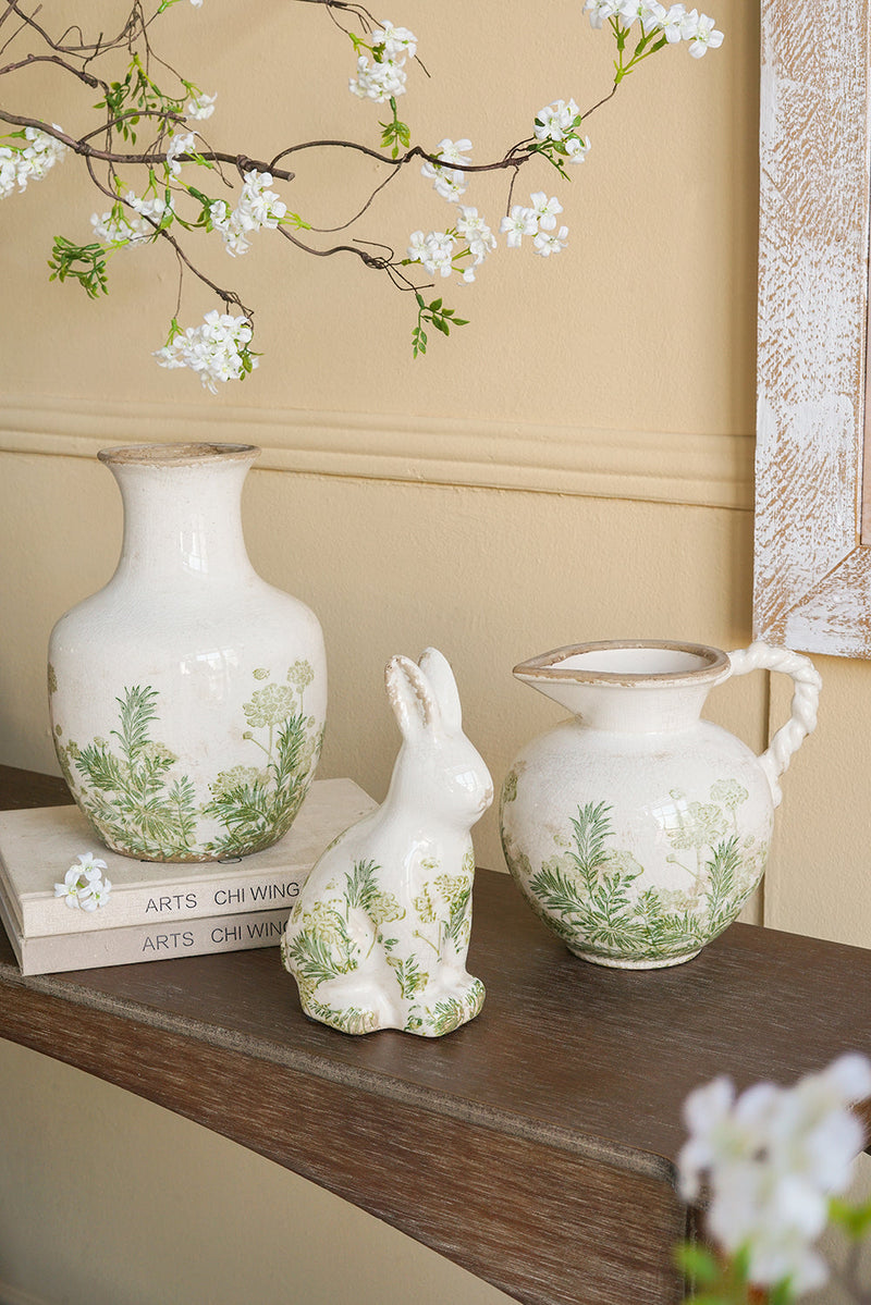 Ceramic Pitcher Vase, 7.5-Inch, White with Green Botanical Motifs, photo 10 of 10