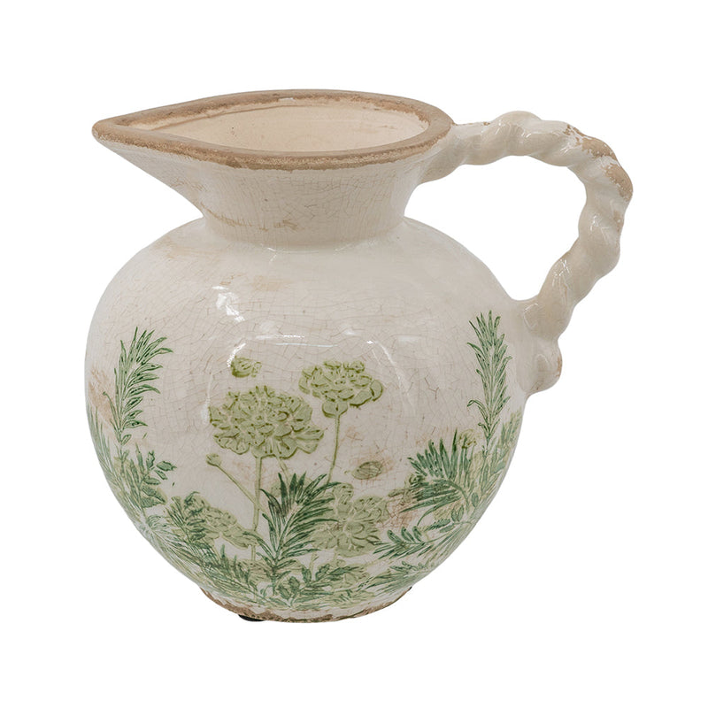 Ceramic Pitcher Vase, 7.5-Inch, White with Green Botanical Motifs, photo 2 of 10