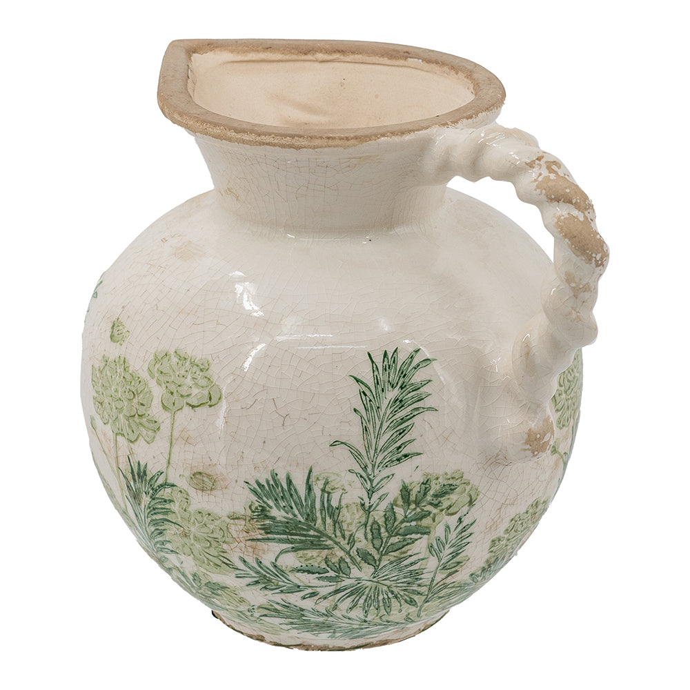 Ceramic Pitcher Vase, 7.5-Inch, White with Green Botanical Motifs, photo 3 of 10