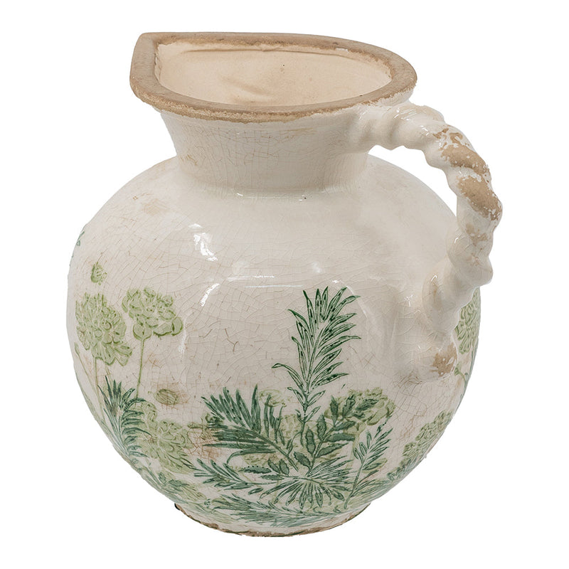 Ceramic Pitcher Vase, 7.5-Inch, White with Green Botanical Motifs, photo 3 of 10