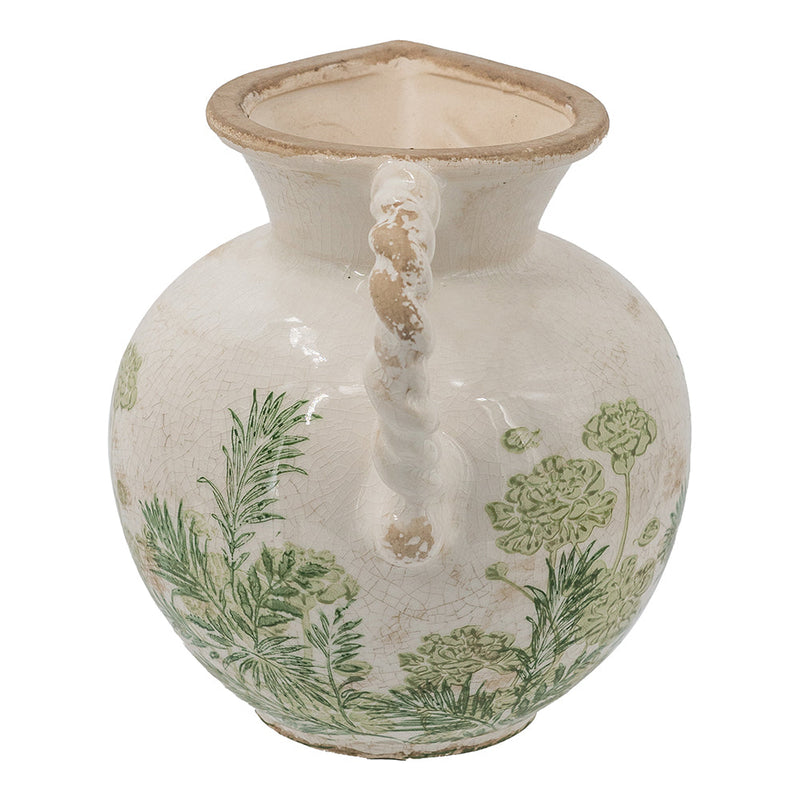 Ceramic Pitcher Vase, 7.5-Inch, White with Green Botanical Motifs, photo 4 of 10