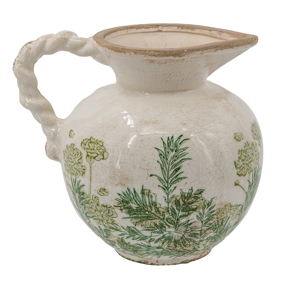 Ceramic Pitcher Vase, 7.5-Inch, White with Green Botanical Motifs, photo 5 of 10