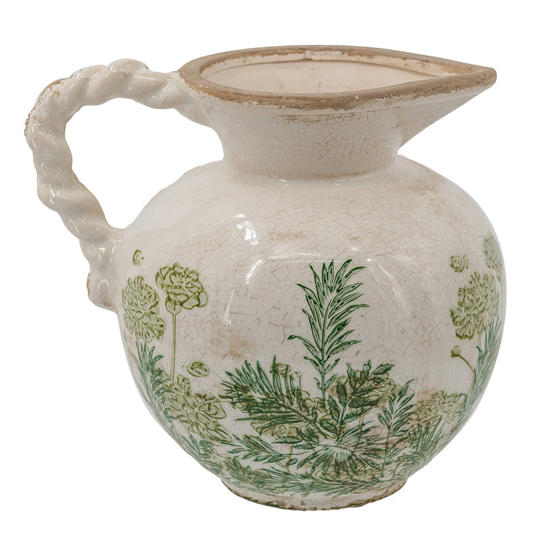 Ceramic Pitcher Vase, 7.5-Inch, White with Green Botanical Motifs, photo 5 of 10
