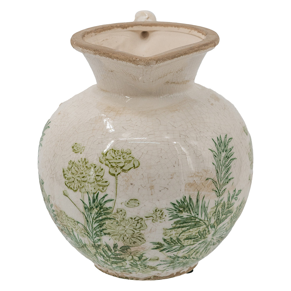 Ceramic Pitcher Vase, 7.5-Inch, White with Green Botanical Motifs, photo 6 of 10