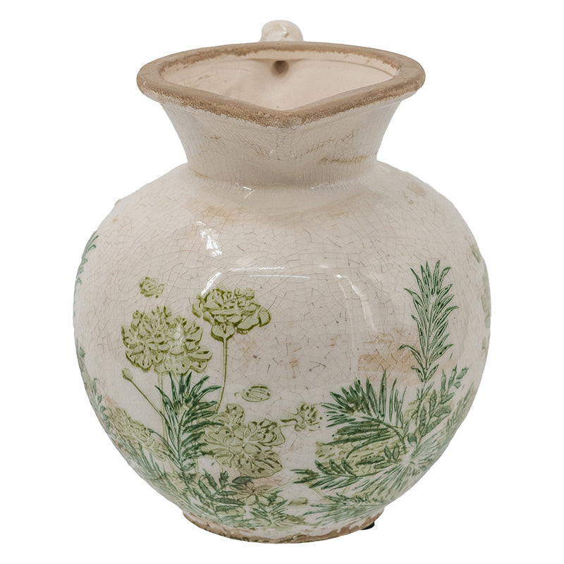 Ceramic Pitcher Vase, 7.5-Inch, White with Green Botanical Motifs, photo 6 of 10