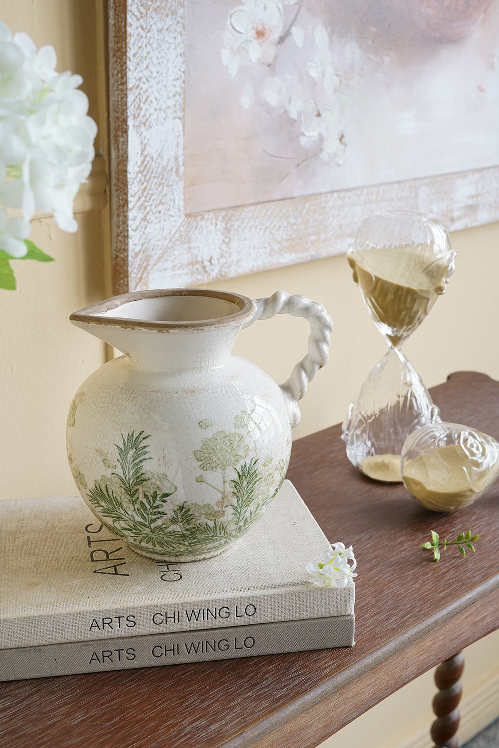 Ceramic Pitcher Vase, 7.5-Inch, White with Green Botanical Motifs, photo 7 of 10