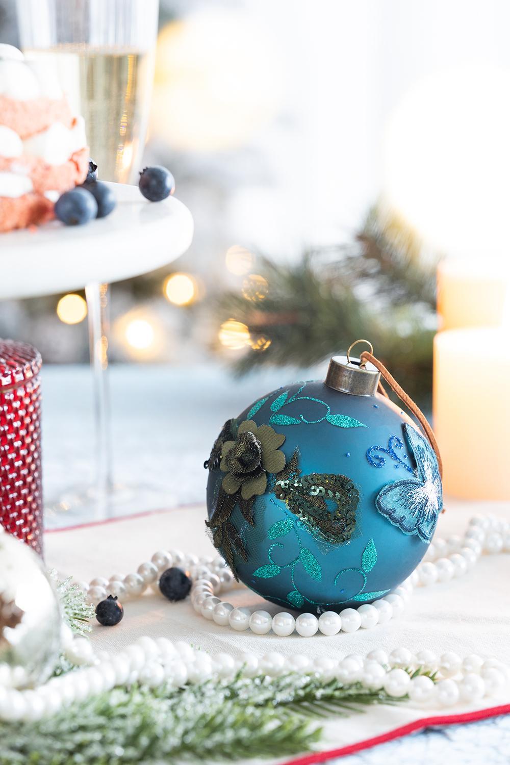 Light Blue Glass Christmas Ball Ornaments with Glitter Details - Set of 4 or 6, photo 2 of 14