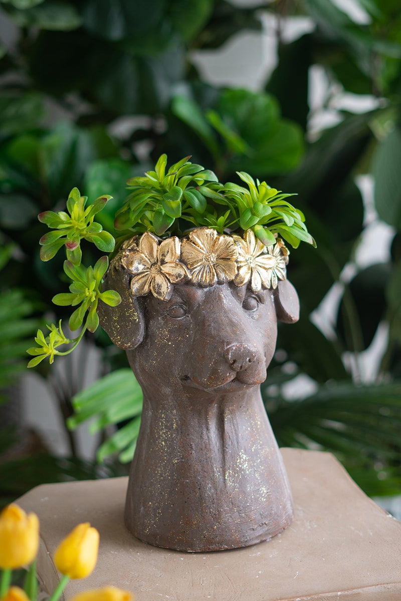 Magnesium Dog Statue Planter, 9.3 x 13 Inch, Brown with Gold Leaf Crown