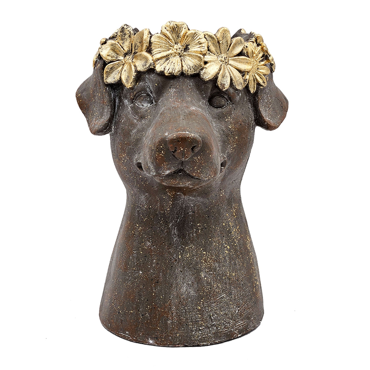 Magnesium Dog Statue Planter, 9.3 x 13 Inch, Brown with Gold Leaf Crown, photo 2 of 10