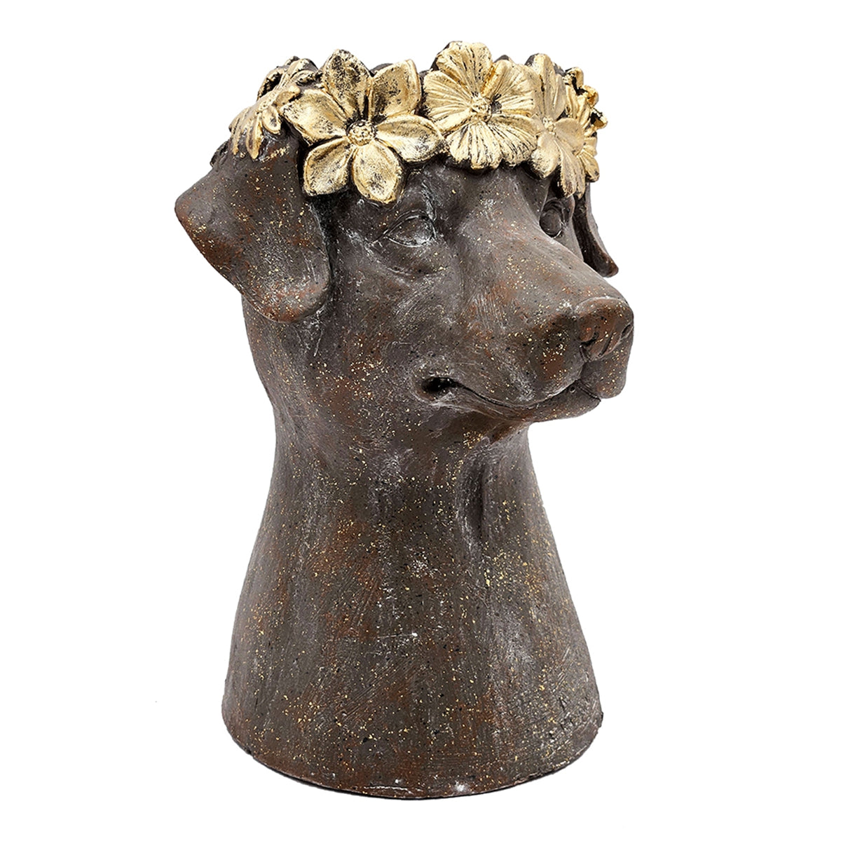 Magnesium Dog Statue Planter, 9.3 x 13 Inch, Brown with Gold Leaf Crown, photo 3 of 10