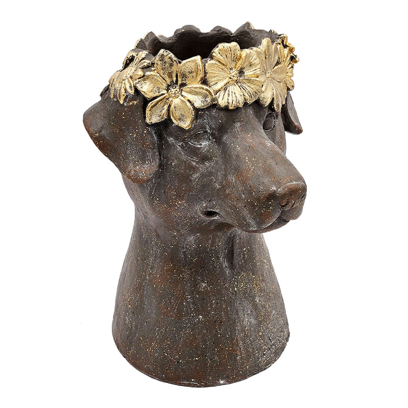 Magnesium Dog Statue Planter, 9.3 x 13 Inch, Brown with Gold Leaf Crown, photo 4 of 10