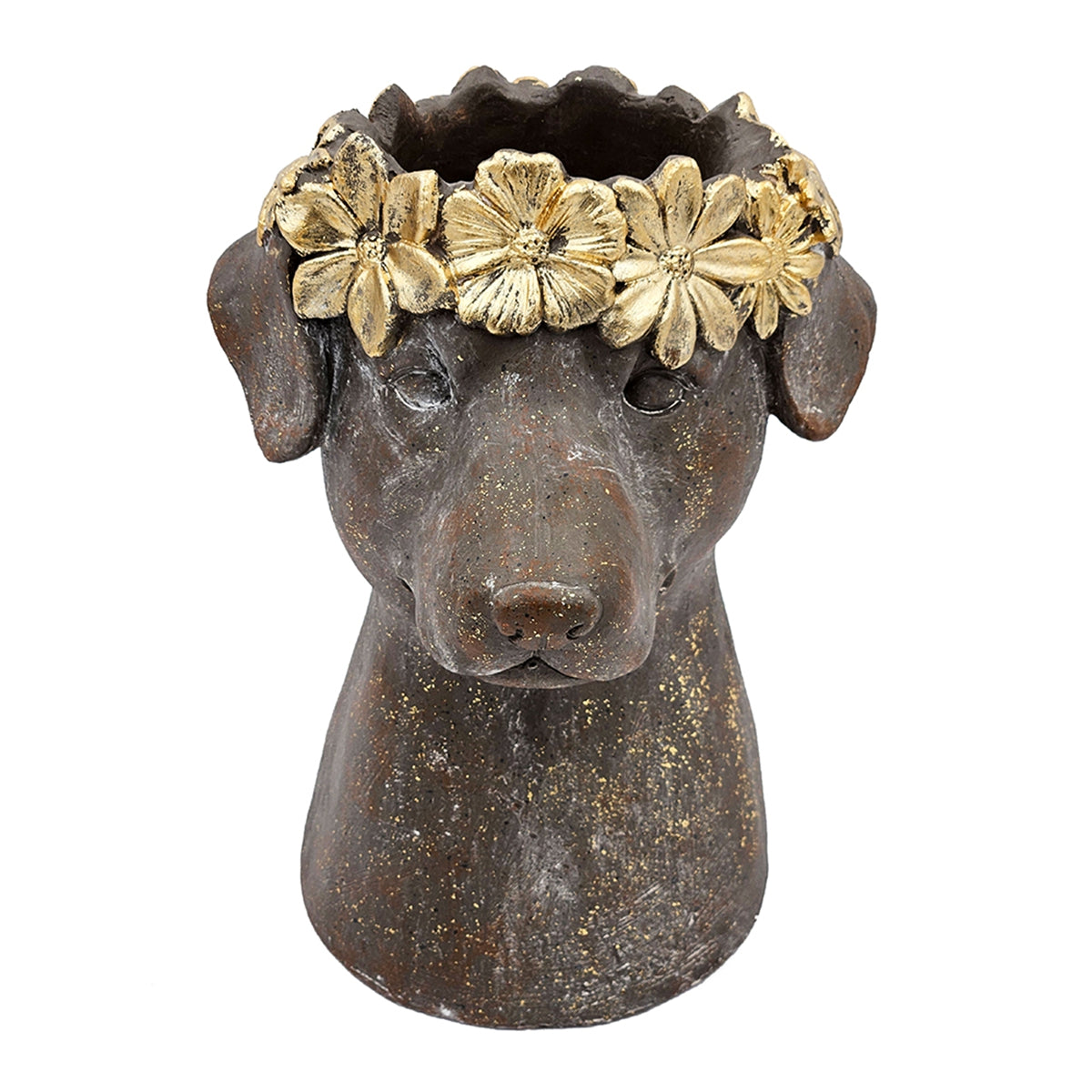 Magnesium Dog Statue Planter, 9.3 x 13 Inch, Brown with Gold Leaf Crown, photo 6 of 10