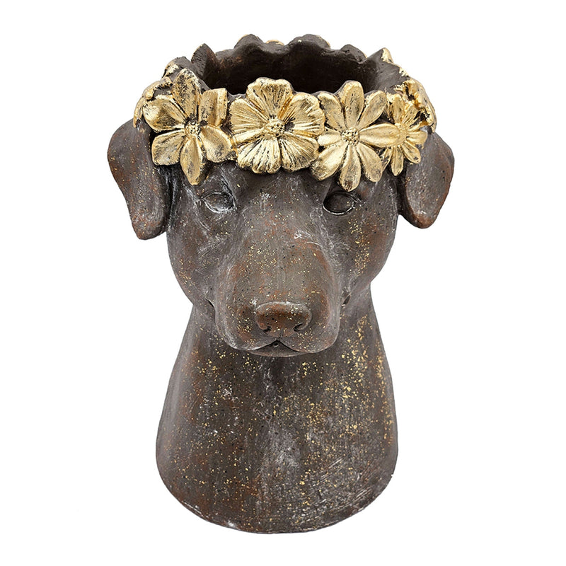 Magnesium Dog Statue Planter, 9.3 x 13 Inch, Brown with Gold Leaf Crown, photo 6 of 10