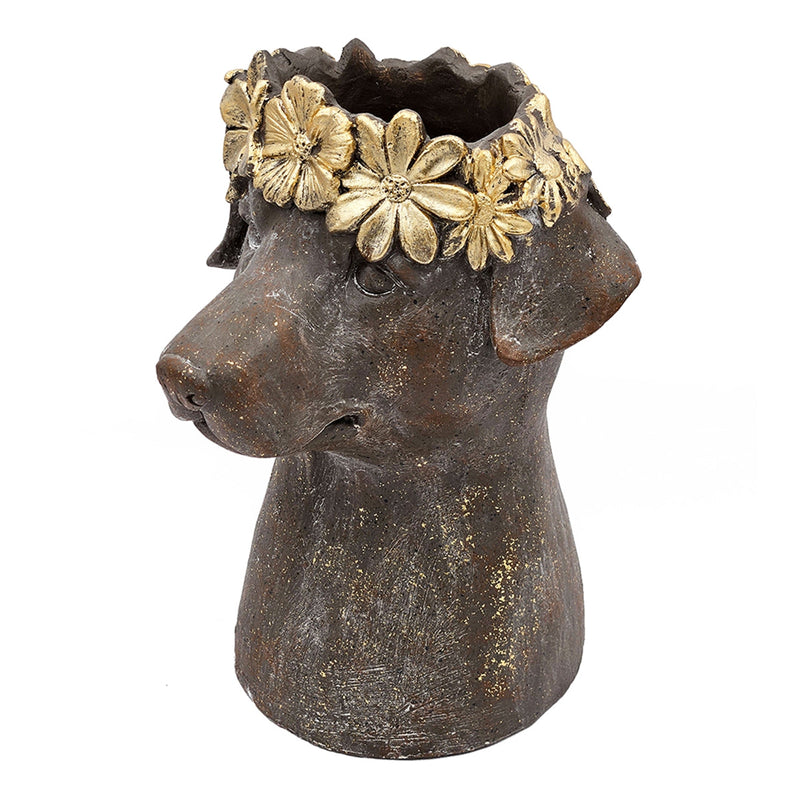 Magnesium Dog Statue Planter, 9.3 x 13 Inch, Brown with Gold Leaf Crown, photo 7 of 10