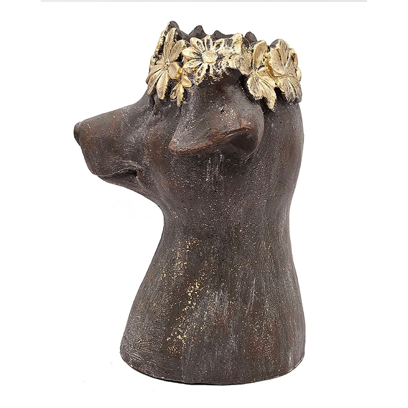 Magnesium Dog Statue Planter, 9.3 x 13 Inch, Brown with Gold Leaf Crown, photo 8 of 10