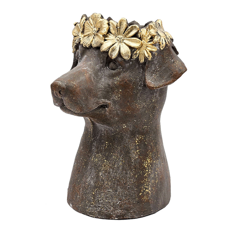 Magnesium Dog Statue Planter, 9.3 x 13 Inch, Brown with Gold Leaf Crown, photo 9 of 10