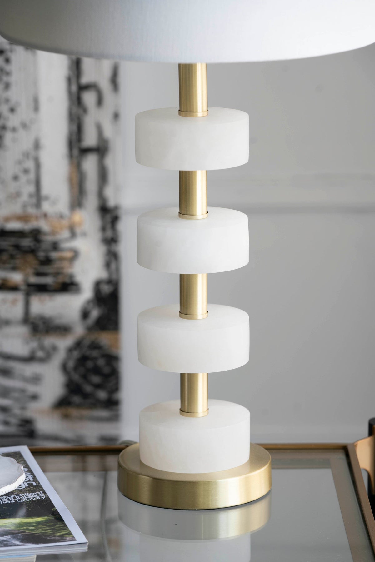 Marble Table Lamp with Brass Frame and White Fabric Shade - White + Gold, photo 11 of 14
