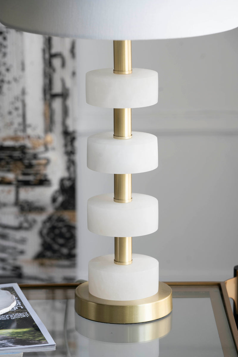 Marble Table Lamp with Brass Frame and White Fabric Shade - White + Gold, photo 11 of 14