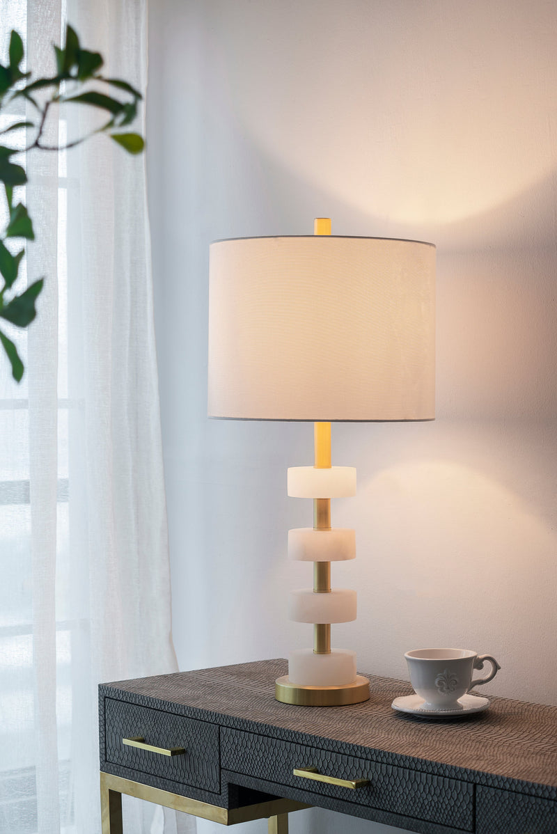 Marble Table Lamp with Brass Frame and White Fabric Shade - White + Gold, photo 2 of 14