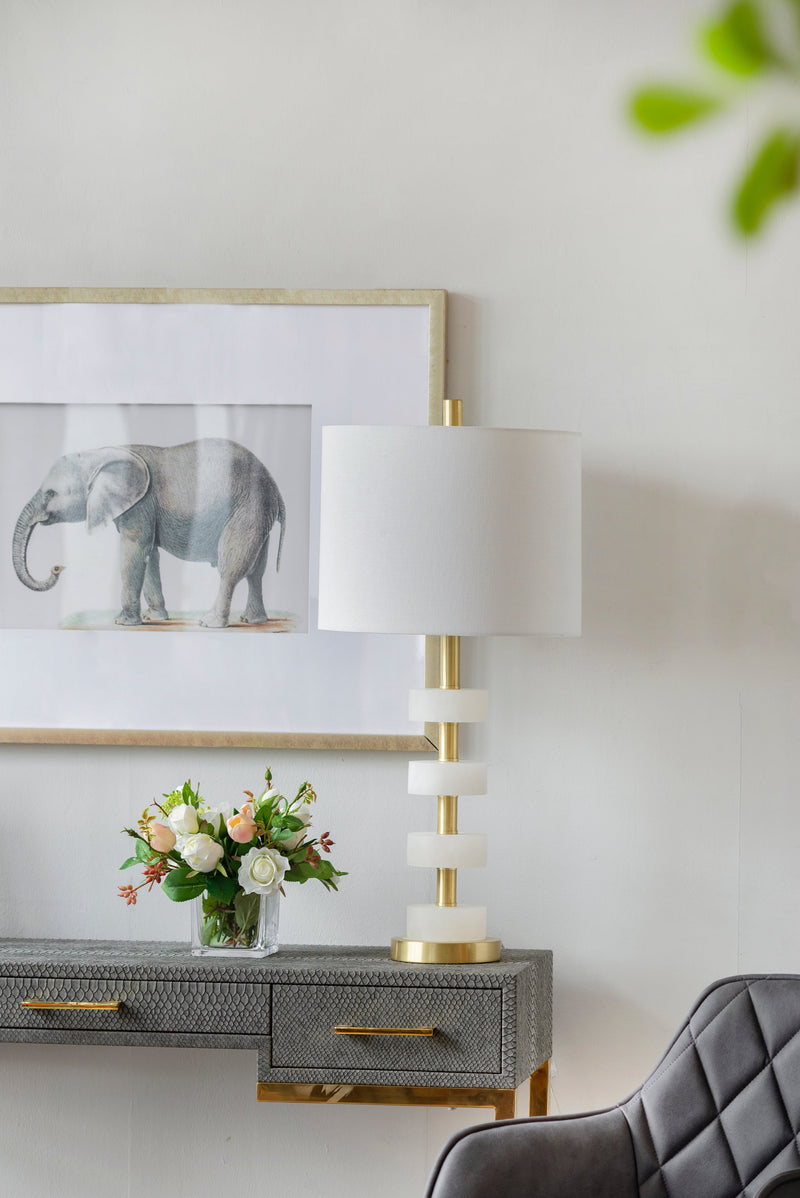 Marble Table Lamp with Brass Frame and White Fabric Shade - White + Gold, photo 9 of 14