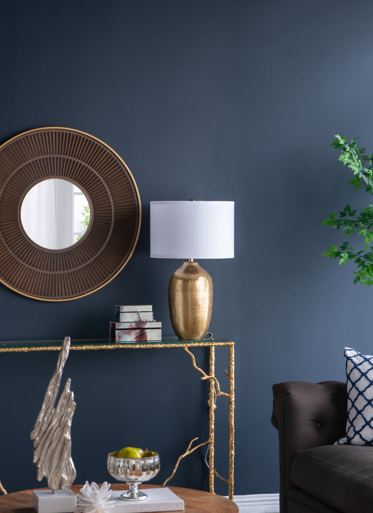 D15x25.7' Round Aluminum Sheet Gold Table Lamp with White Fabric Shade, photo 10 of 16