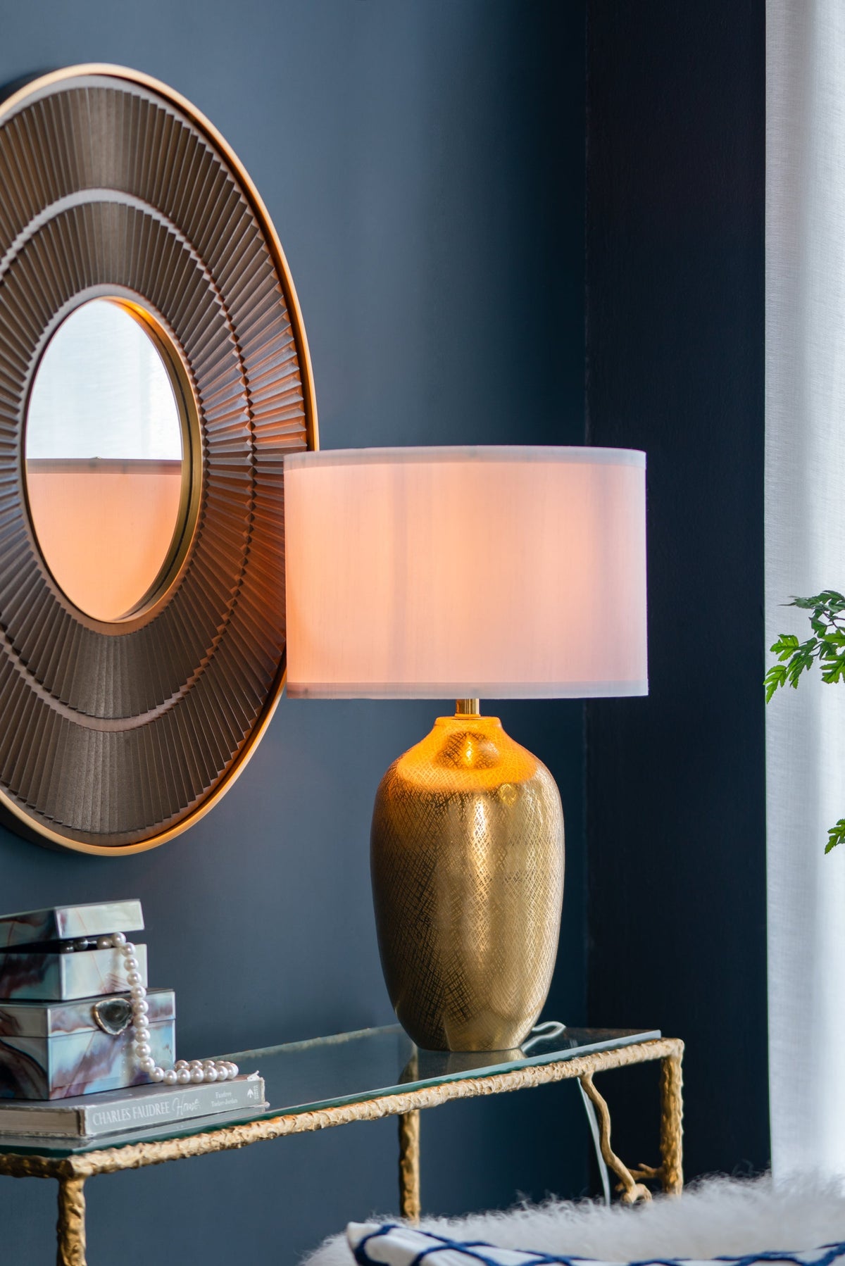D15x25.7' Round Aluminum Sheet Gold Table Lamp with White Fabric Shade, photo 12 of 16